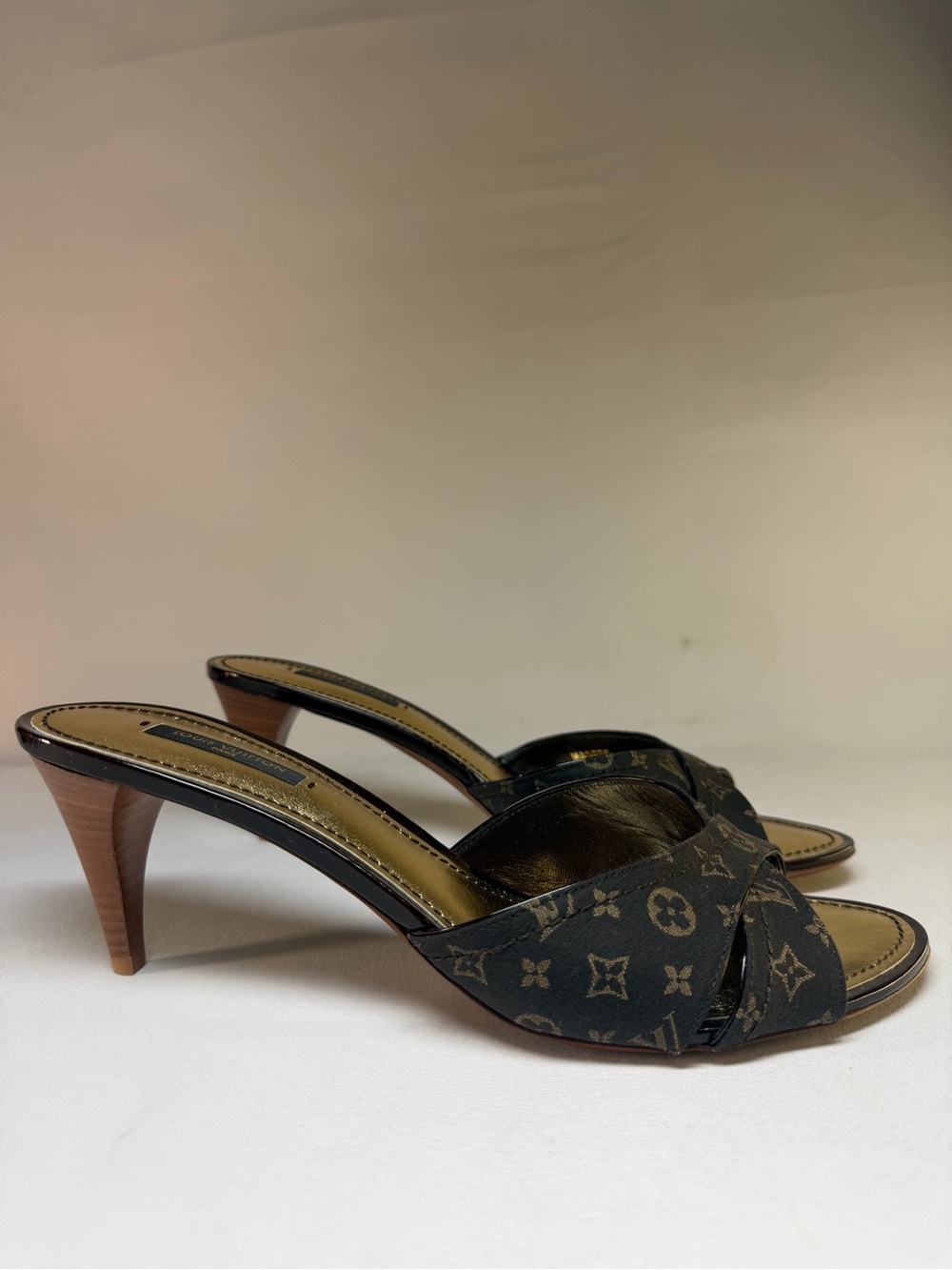 Louis Vuitton 2010 Monogram Mini Lin Crossover Mule Heels Sandals Size 40